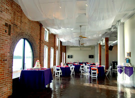 Fabric and icicle lights hang from above