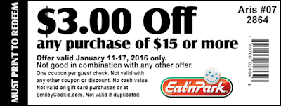 Coupon for $3 off your $15 purchase. Valid January 11-17, 2016 only.
