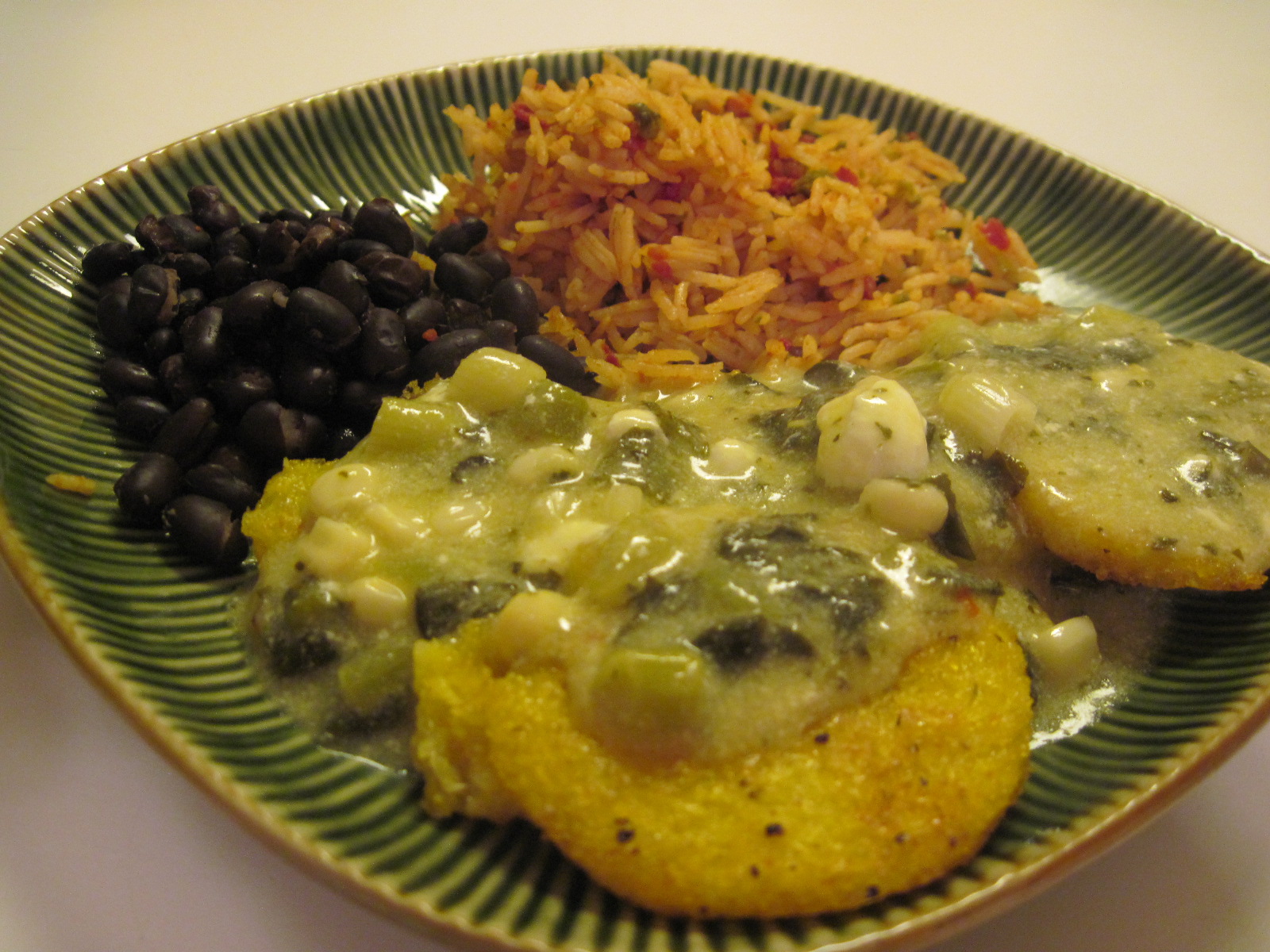 This Delicious Dish Green Chili Polenta with Beans and Rice