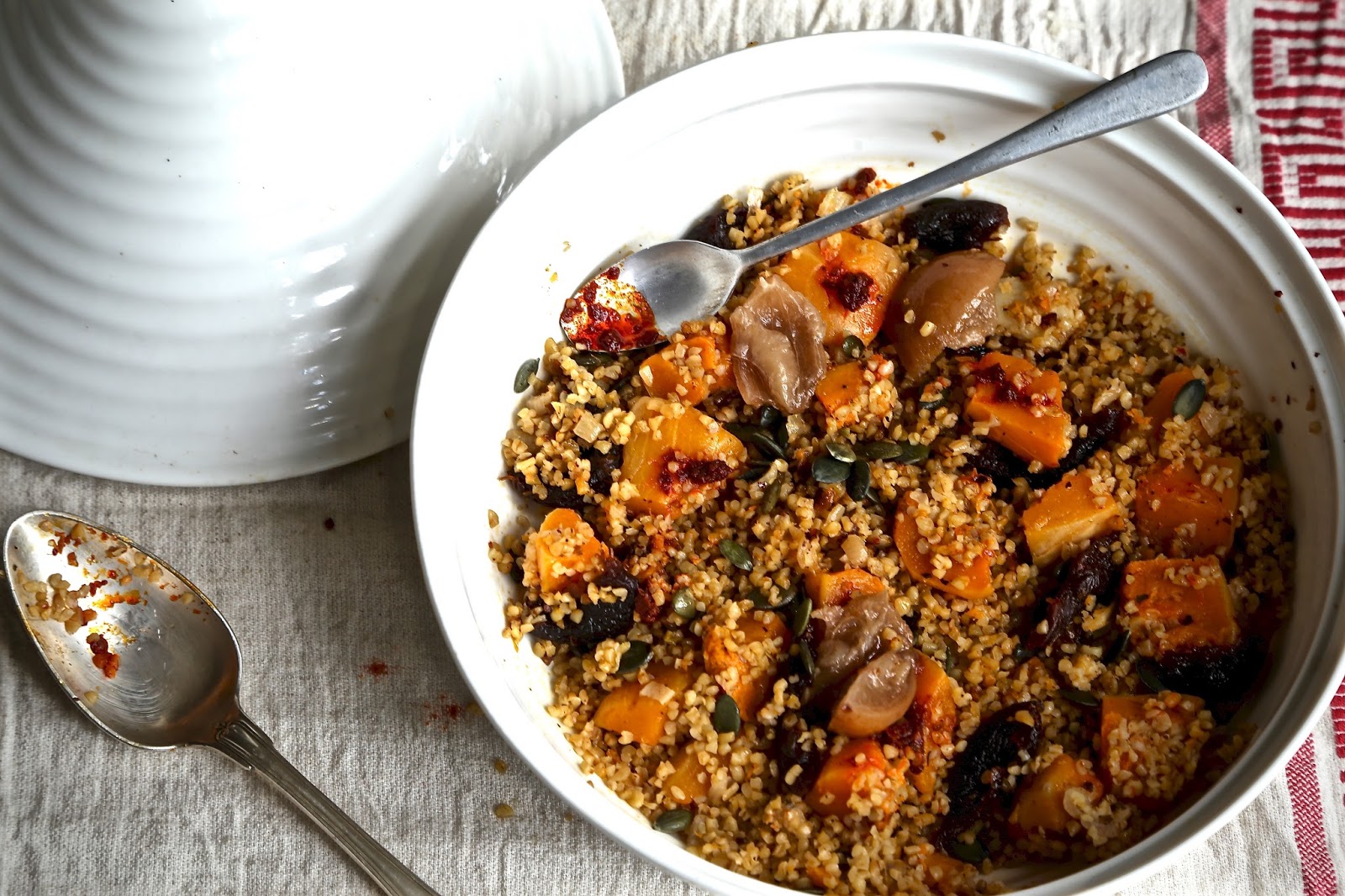 Butternut squash, apricot, pumpkin seed, preserved lemon and bulgar