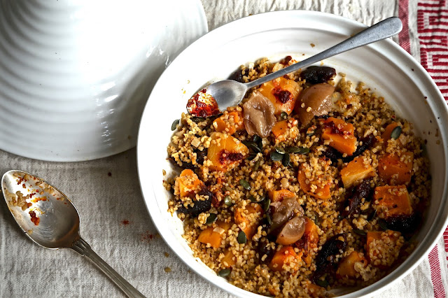 Butternut squash, apricot, pumpkin seed, preserved lemon and bulgar wheat tagine with rose harissa
