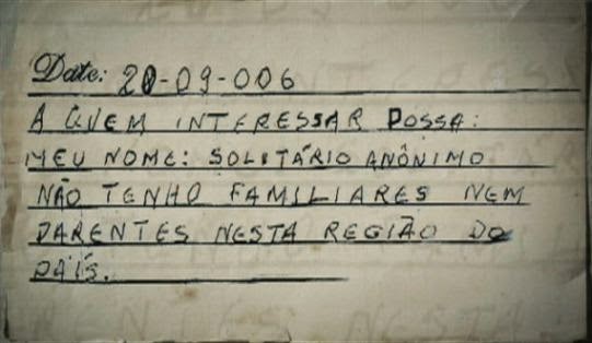 Bilhete escrito por idoso que quer morrer. Reprodução Documentário Solitário Anônimo. Curta, short, corto.