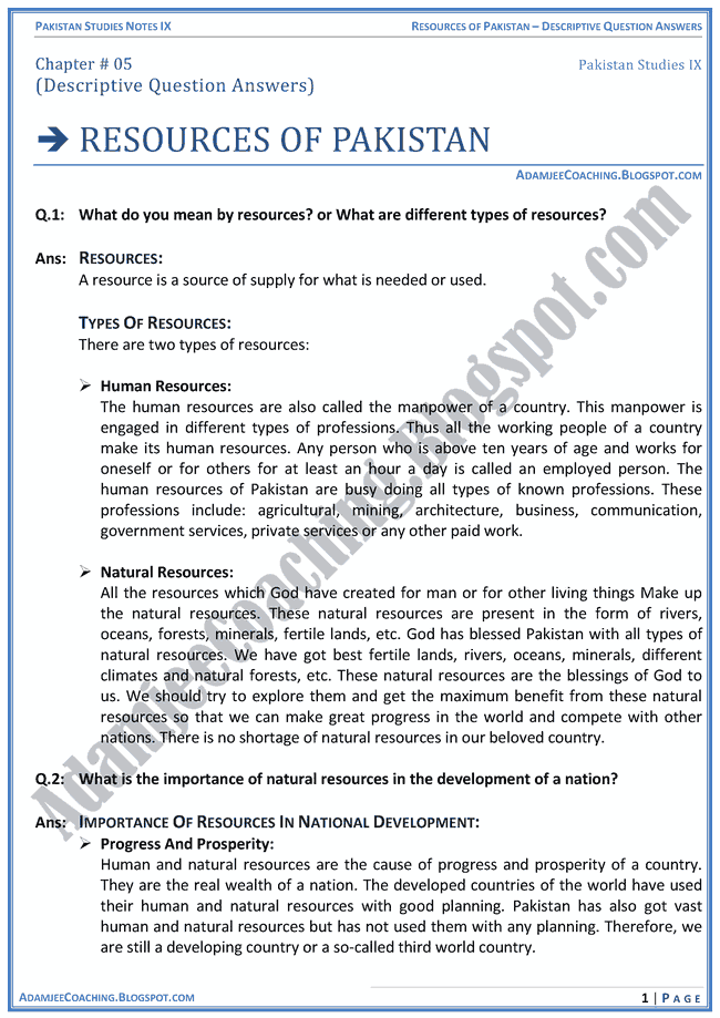 resources-of-pakistan-descriptive-question-answers-pakistan-studies-ix