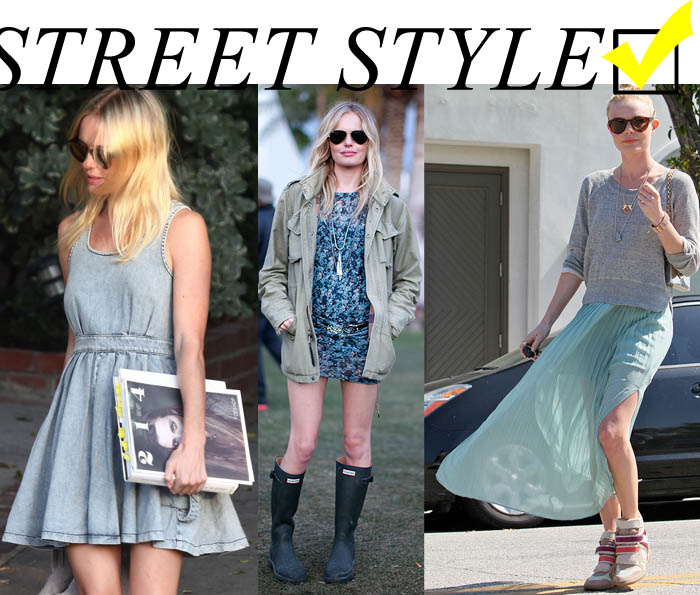 Kate e o seu estilo nas ruas A GAROTA DOS OLHOS COLORIDOS_olhos de duas cores_Kate Bosworth_street style_vestido jeans_saia comprida_cor menta_sneakers