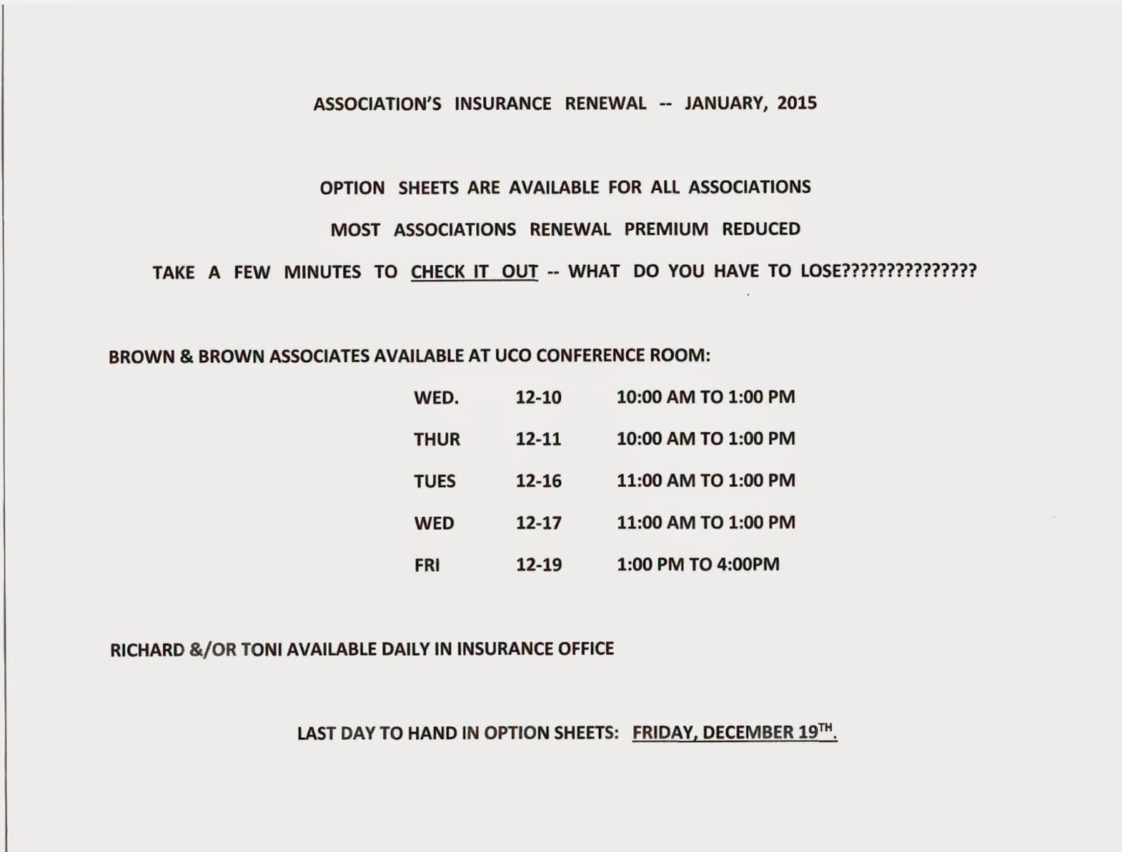 OUR VILLAGE in West Palm Beach INSURANCE OPTION SHEETS AND RENEWALS