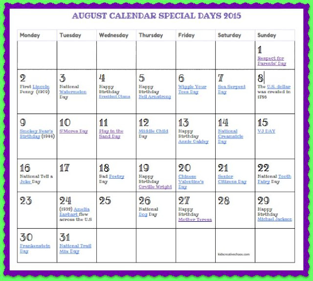 Kids Creative Chaos August Calendar Printable Special Days