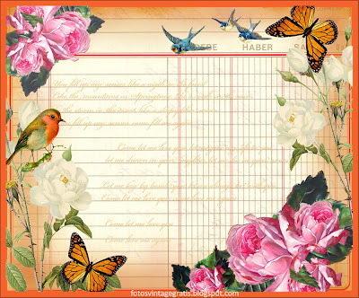fondo vintage con flores y pájaros sobre cuaderno de cuentas antiguo