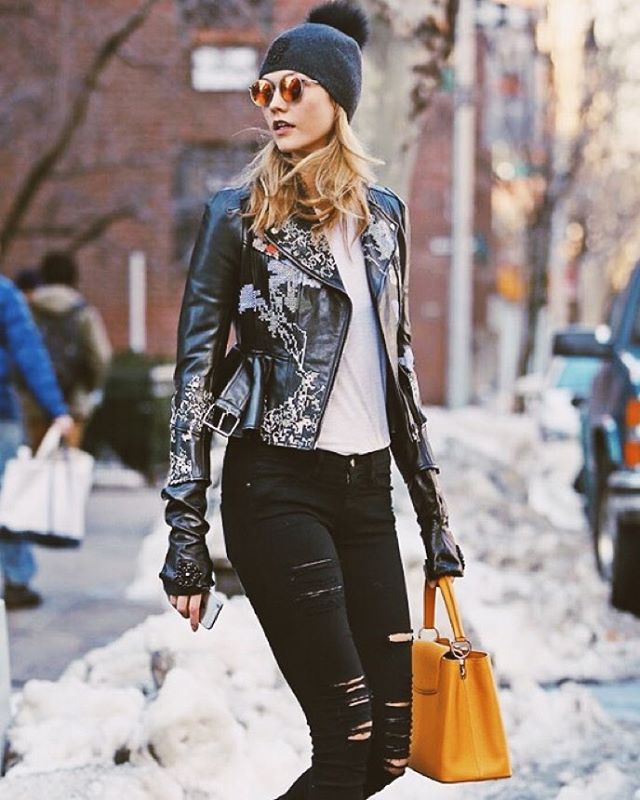 Karlie Kloss Wears a Leather Biker Jacket in NYC - The Front Row View
