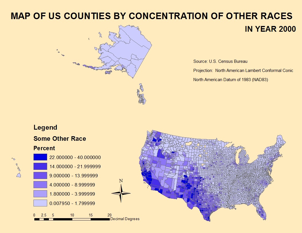 this choropleth map shows the concentration of some other races 95 percent being hispanic or latino by county in the united states in 2000 this choropleth map shows the concentration of some other races 95 percent being hispanic or latino by county in the united states in 2000