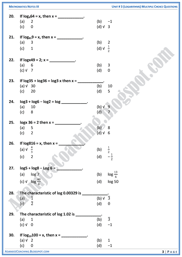 Adamjee Coaching Logarithms MCQs Mathematics Notes for Class 10th