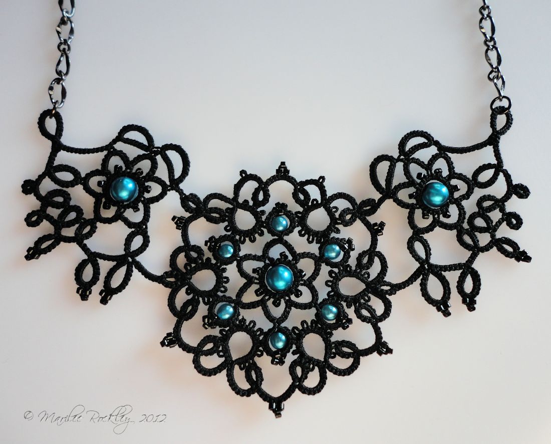 Yarnplayer's Tatting Blog Nouveau tatted necklace in black with aqua beads