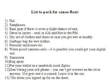 List to pack for a Canoe Float