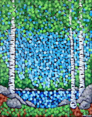 Summer Breeze Summer Breeze, landscape painting of summer birches, lake, aaron kloss, pointillism