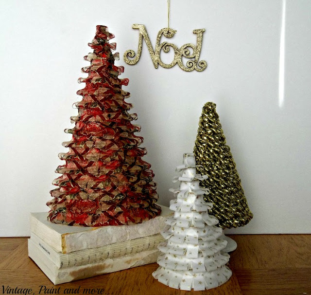 Vintage, Paint and more... Cone trees made with ribbon, gold rope tinsel and poster board