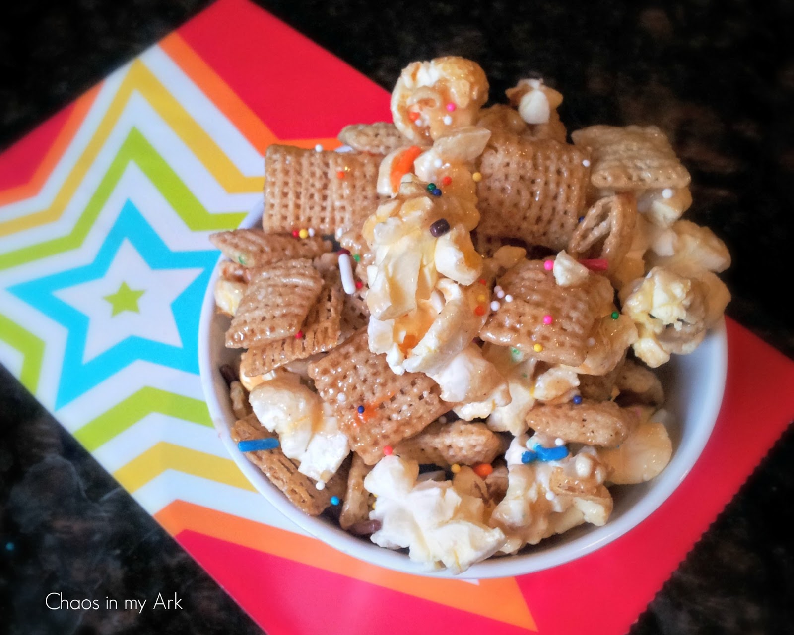 Chaos in my Ark Cinnamon Caramel Popcorn Chex Mix Kid Friendly Recipe