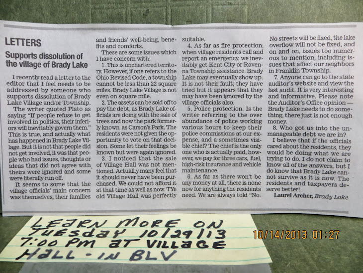 A letter to the Editor of the Record Couier about Dissolving Brady Lake Village.