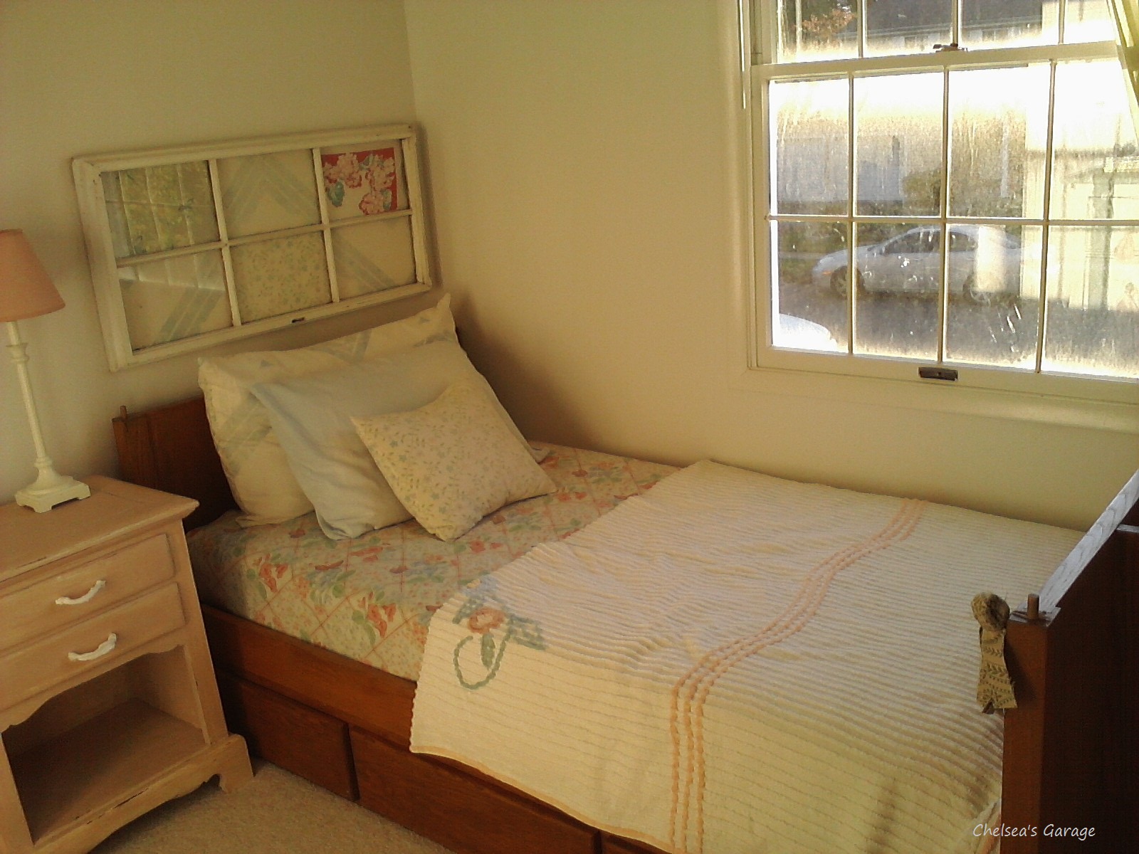 Chelsea's Garage Window turned headboard DIY