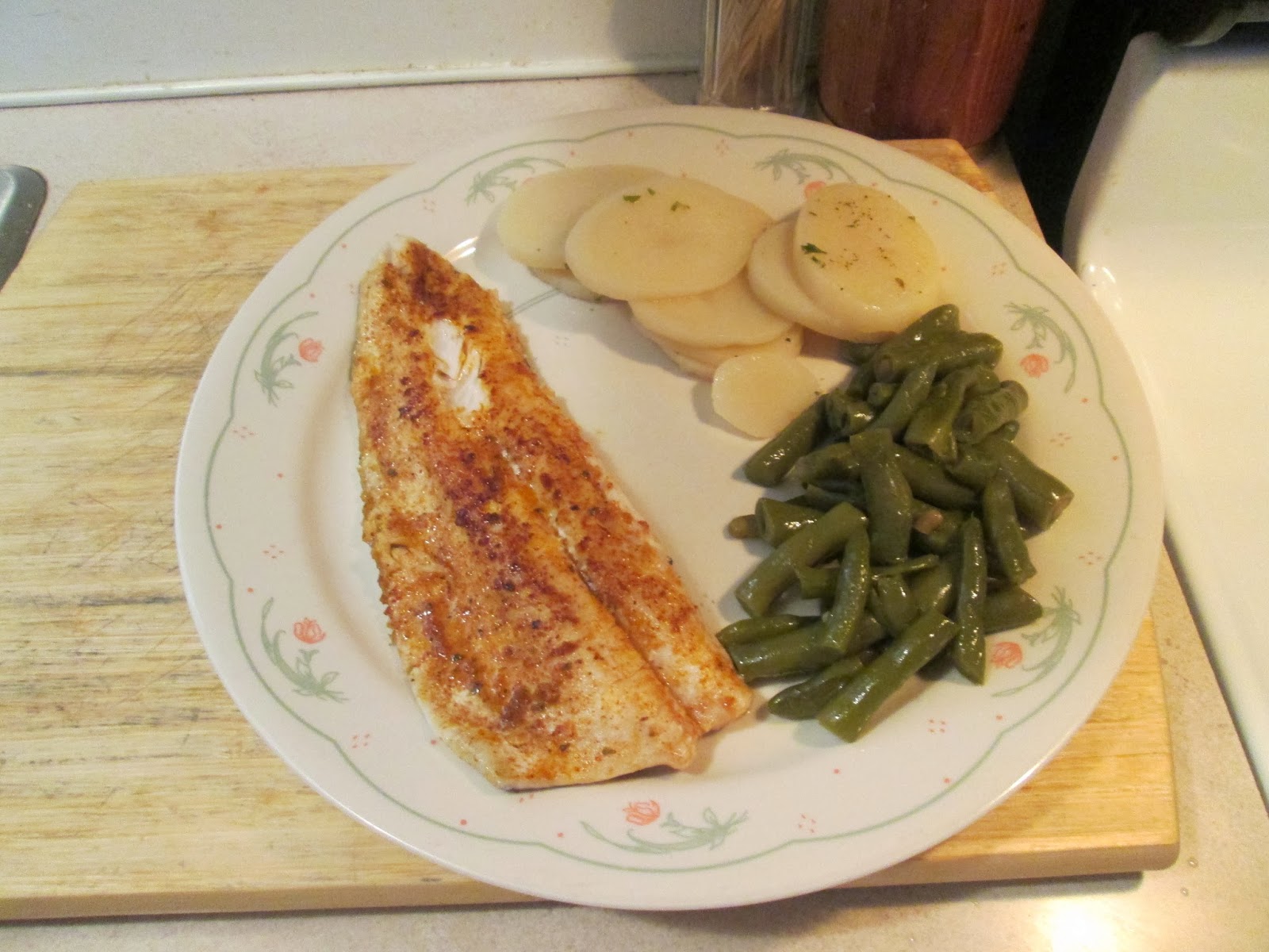 Diab2Cook Cast Iron Skillet Blackened Rainbow Trout w/ Sliced new Potatoes and Cut Green Beans