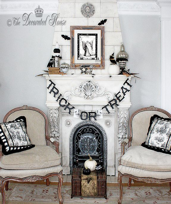 Elegant Black and White Halloween Decorated Mantel :: The Decorated House