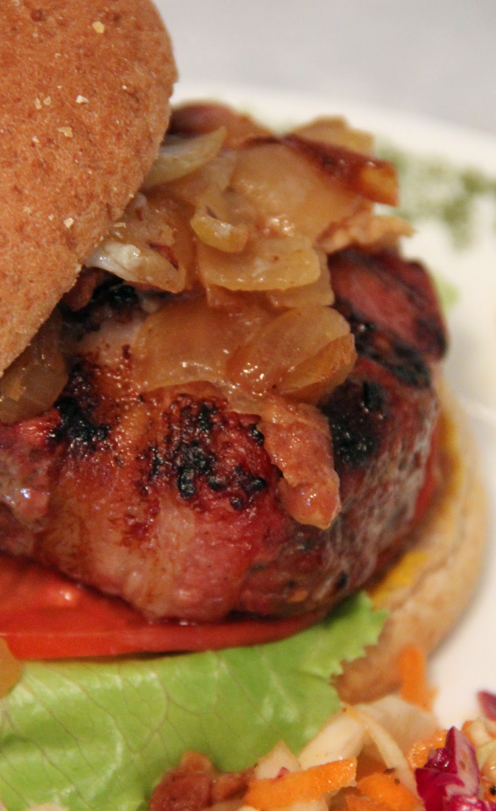 Jo and Sue Cheese Stuffed Bacon Wrapped BBQ Burgers With Caramelized