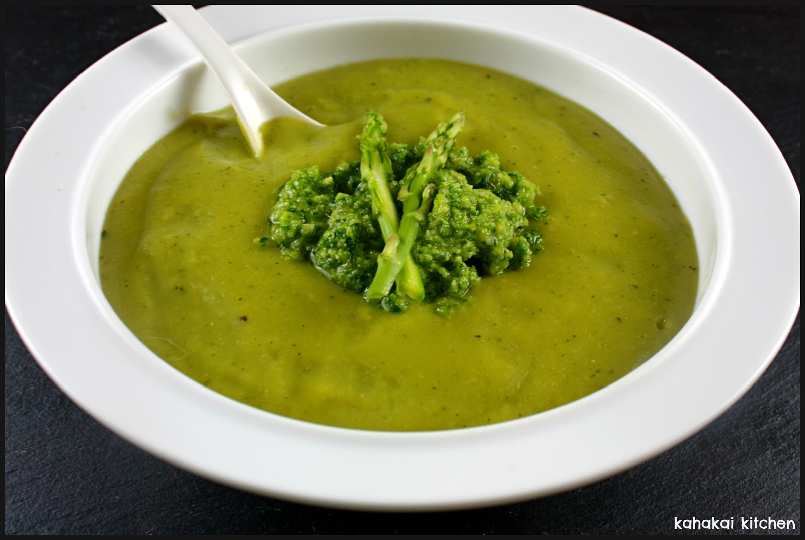 Kahakai Kitchen Asparagus and Zucchini Velouté with Parsley Pesto for