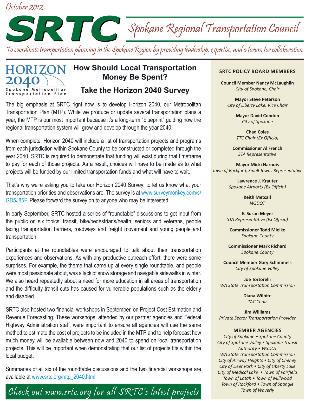 SRTC Transportation Blog October Newsletter Available For Your Reading