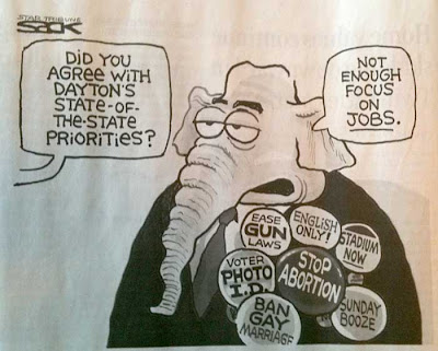 Cartoon of an elephant in a suit with lots of buttons for Voter Photo ID, Stop Abortion, English Only!, Stadium Now, Sunday Booze, Ban Gay Marriage. When asked if he agrees with the governor's priorities,  he replies Not enough focus on jobs