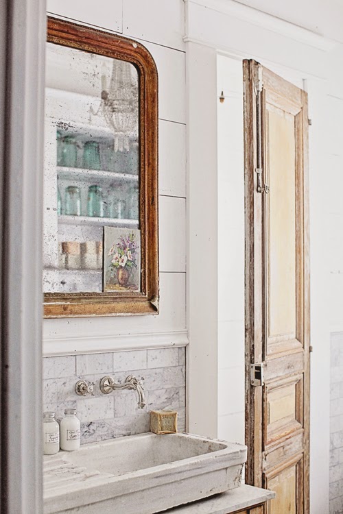 French Inspired Bathroom Remodel, Carrera Marble Subway Tile, Hex Tile