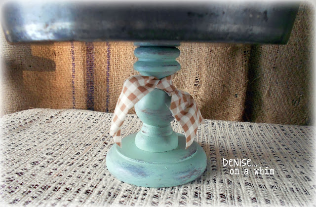 Pedestal Stand from a Cake Pan and Candlestick via http://deniseonawhim.blogspot.com