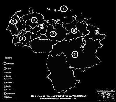 Mapa con los nombres de las Regiones politico-administrativas de VENEZUELA, blanco y negro Mapa con los nombres de las Regiones politico-administrativas de VENEZUELA, blanco y negro