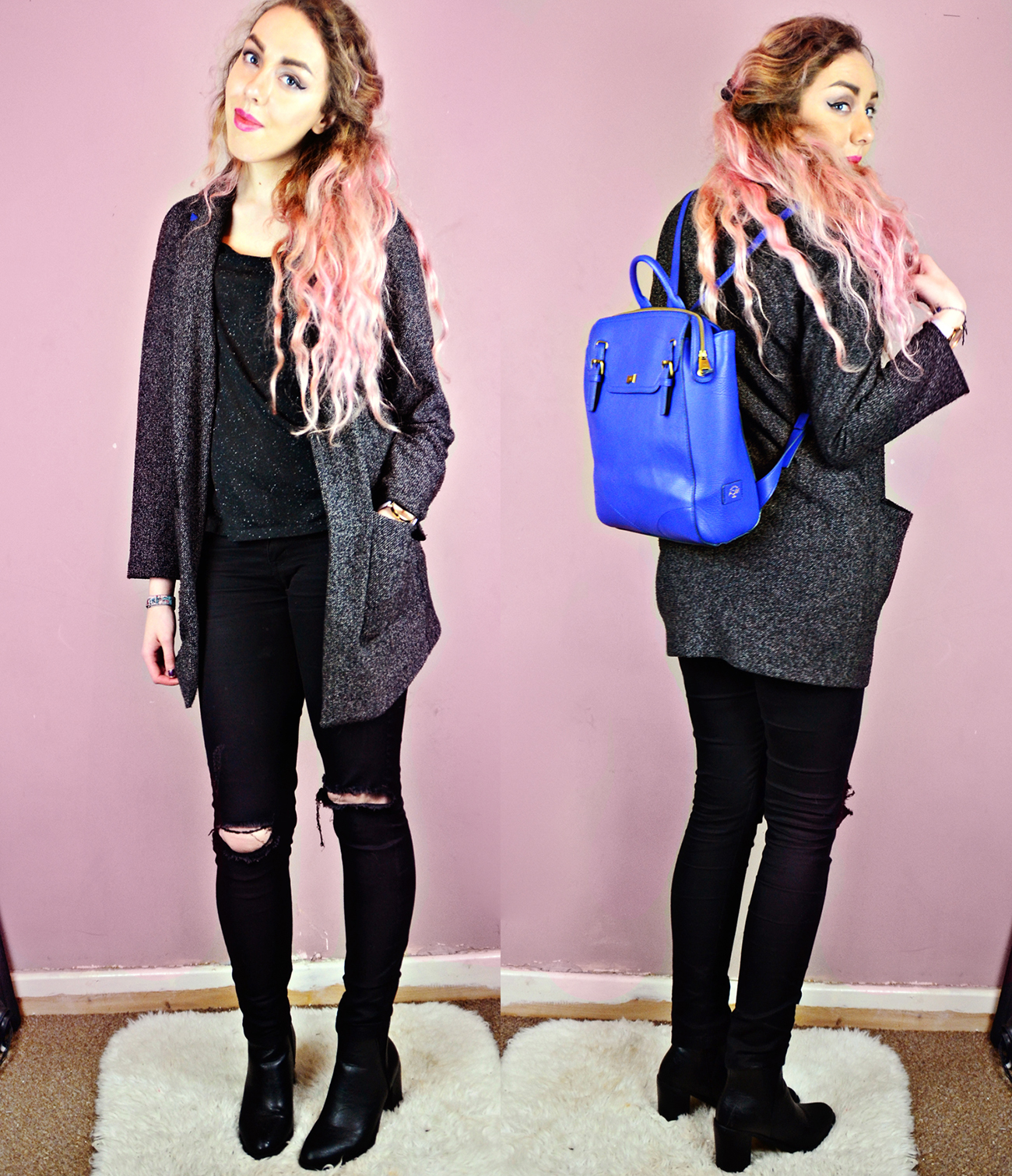 Backpack*// Nica Handbags Jacket// River Island (old) (similar) Speckled Boyfriend Tee// New Look (similar) Ripped Jeans*// Quiz Pointed Boots*// Boohoo Stephi LaReine, Style Blogger pink hair
