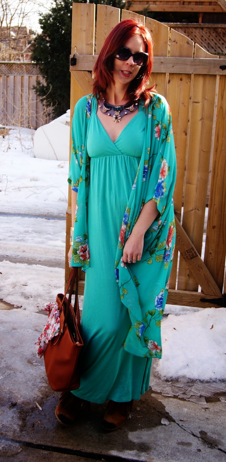 Spring Statement: Dress and Denim and Supply Boots from Marshalls, Forever 21 Kimono, Shop For Jayu Necklace, Mizdragonfly Bracelet fashion Style Blogger Melanie.Ps The Purple Scarf Toronto