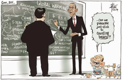 David Pope's cartoon showing China and the US working on climate change solutions with Australia represented as a child playing off to one side.