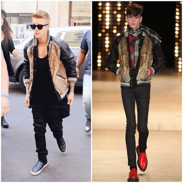 Justin Bieber wears Saint Laurent by Hedi Slimane Fall Winter 2014 animal print fur front varsity bomber jacket in Paris September 2014