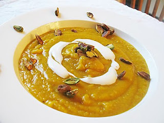 Roasted Butternut Squash & Cannellini Bean Soup with Spices and Toasted Pistachios