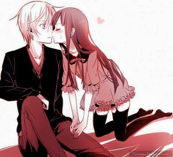 A lovely anime couple that kiss on a bench 