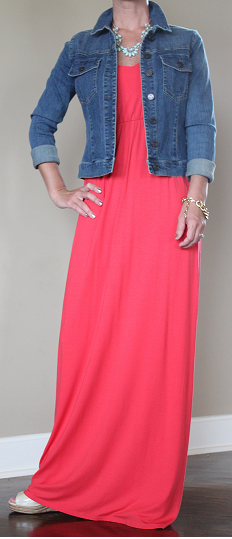 Coral maxi dress, denim jacket, wedge heels, and jewelry - great casual look! www.wearitforless.com Dress: Kenar (old), similar here (almost exact), here (under $10!), and here Jacket: Kut from the Kloth, similar here, here, and here Wedges: Charles by Charles David, similar here, here, and here Bracelet: Necklace: Etsy, similar here, here, and here Nails: Sally Hansen Terra-Coppa Gel - have you tried their gel polish yet??? Ah-mazing! I used to feel lucky to get a full day of nail color without chipping, but I get 3-4 days with this stuff and up to a week with touch-ups.