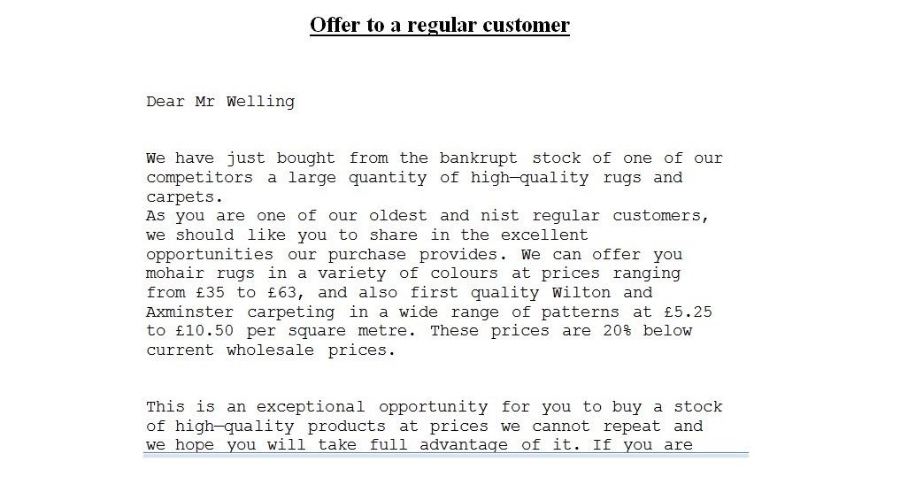 example business letter Offer Letter to a regular customer