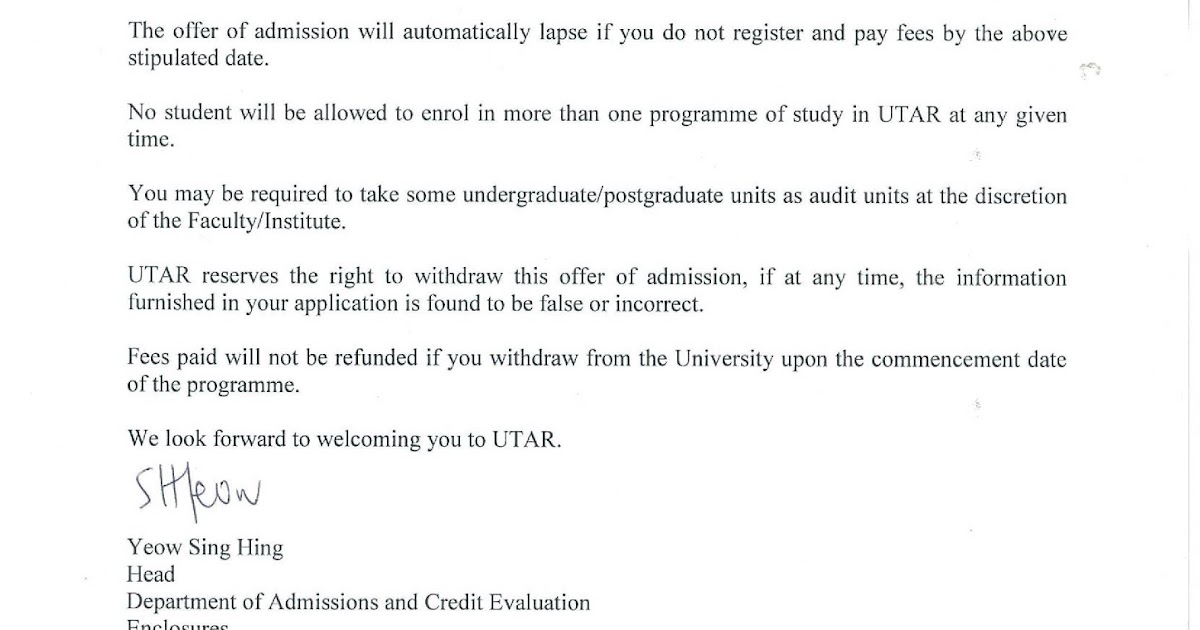 utar part time mba study diary letter of offer and 1st student bill letter of offer