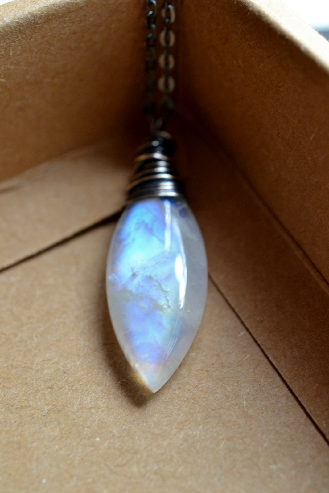 Large Moonstone Necklace, Glowing Blue Flash Moonstone on Oxidized Sterling Silver Chain,AAAA