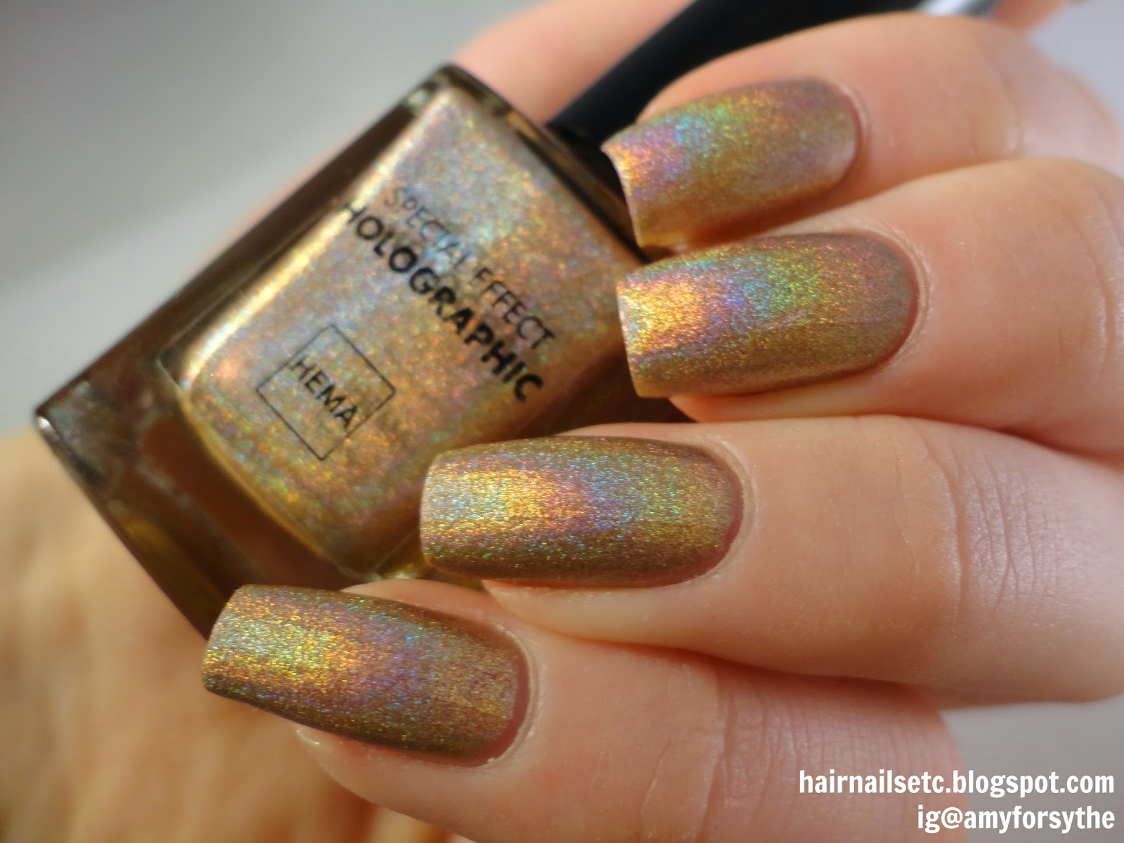 Hema, special effect, holographic nail polish, 52, holographic copper, gold, swatch, review