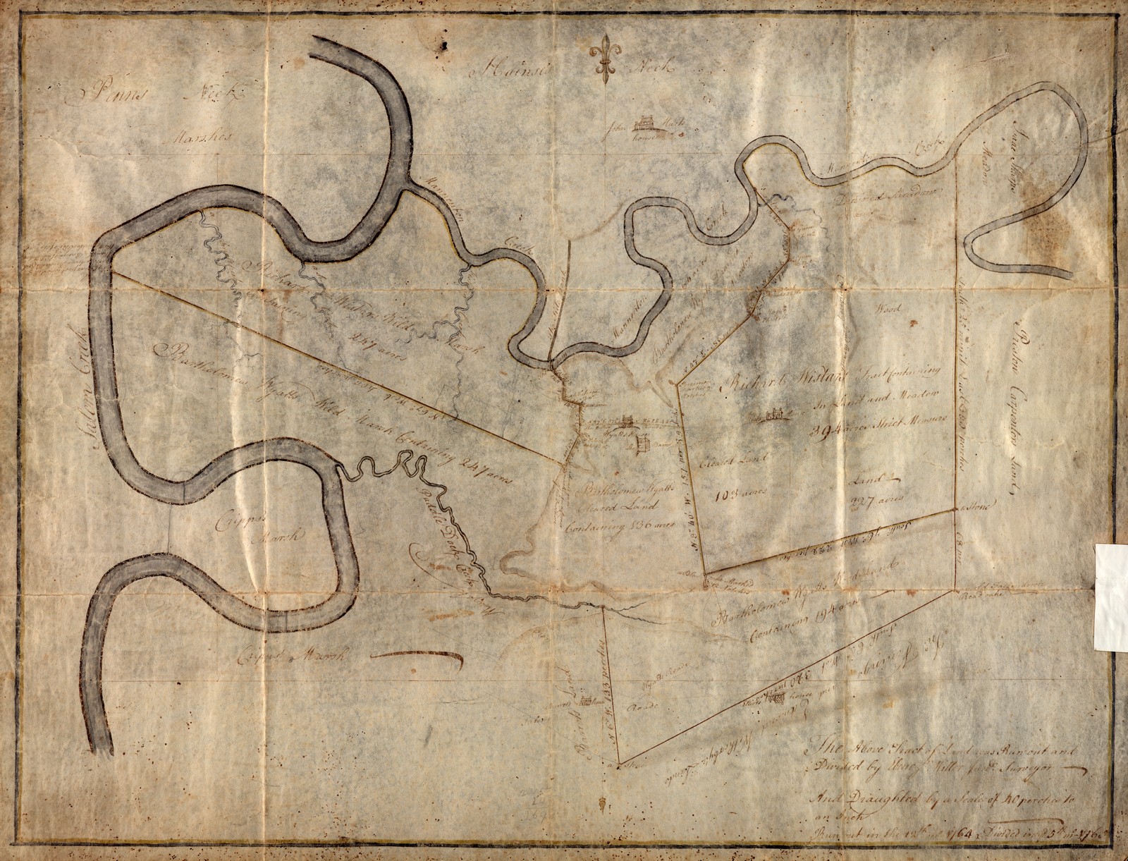 1765 survey of division of lands between bartholomew wyatt jr and richard wistar the salem river winds on the left and mannington creek at the top 1765 survey of division of lands between bartholomew wyatt jr and richard wistar the salem river winds on the left and mannington creek at the top