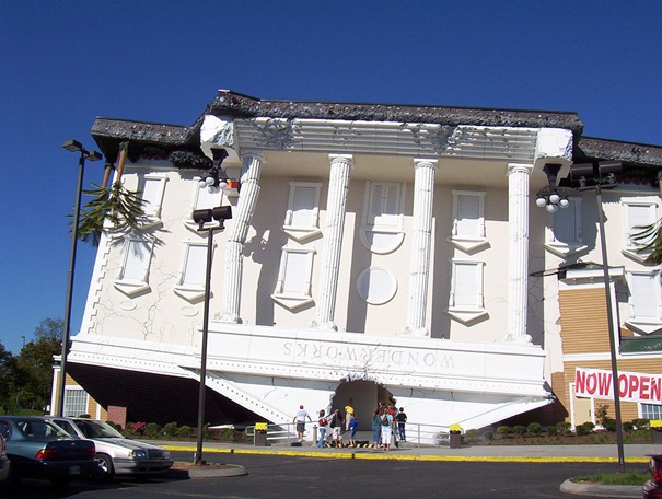 WonderWorks is a family attraction focused on science exhibits with four locations in the United States. Each WonderWorks location features over 100 interactive exhibits covering space, physics, math, presented in a fun way. Educational programs are also available at all locations and some locations also offer a dinner magic show. The attraction is housed in a themed building designed to look as it it were picked up by severe weather and dropped upside down on an existing building. All locations feature laser tag and a multi-story ropes course. The attraction's slogan is "Let Your Imagination Run Wild".