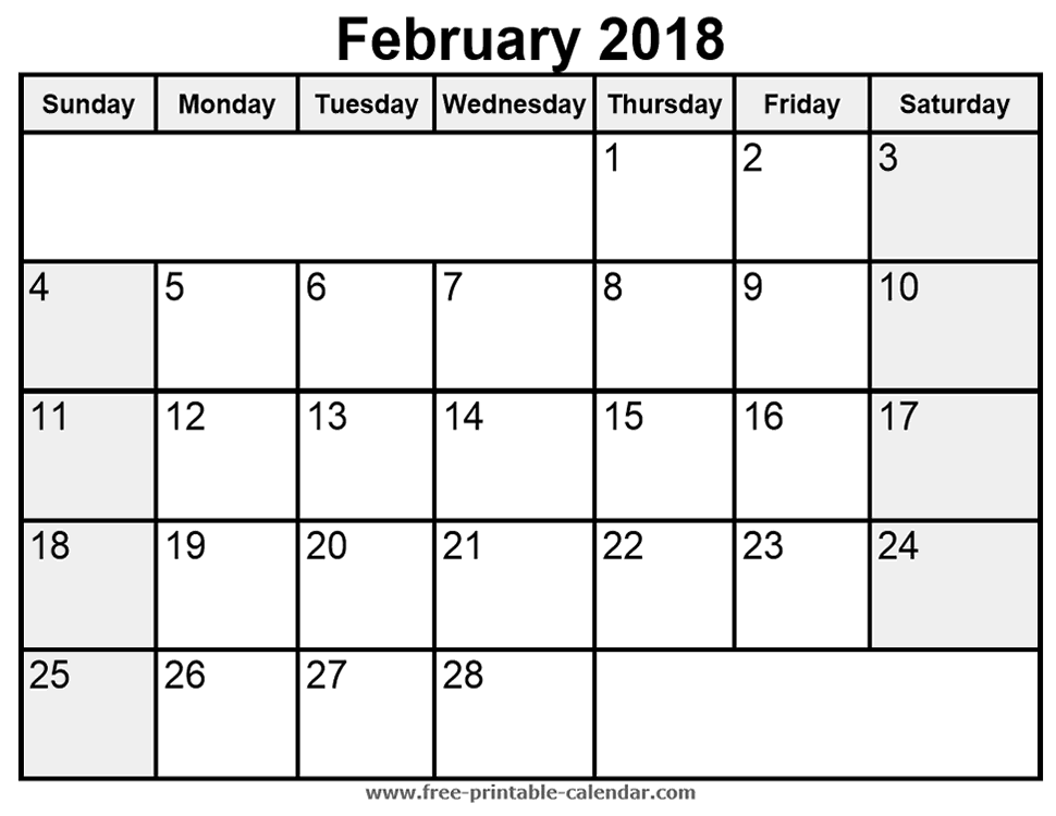 blank monthly calendar february 2018