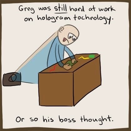 office worker creating hologram technology joke holographic display unit to skive off work funny joke