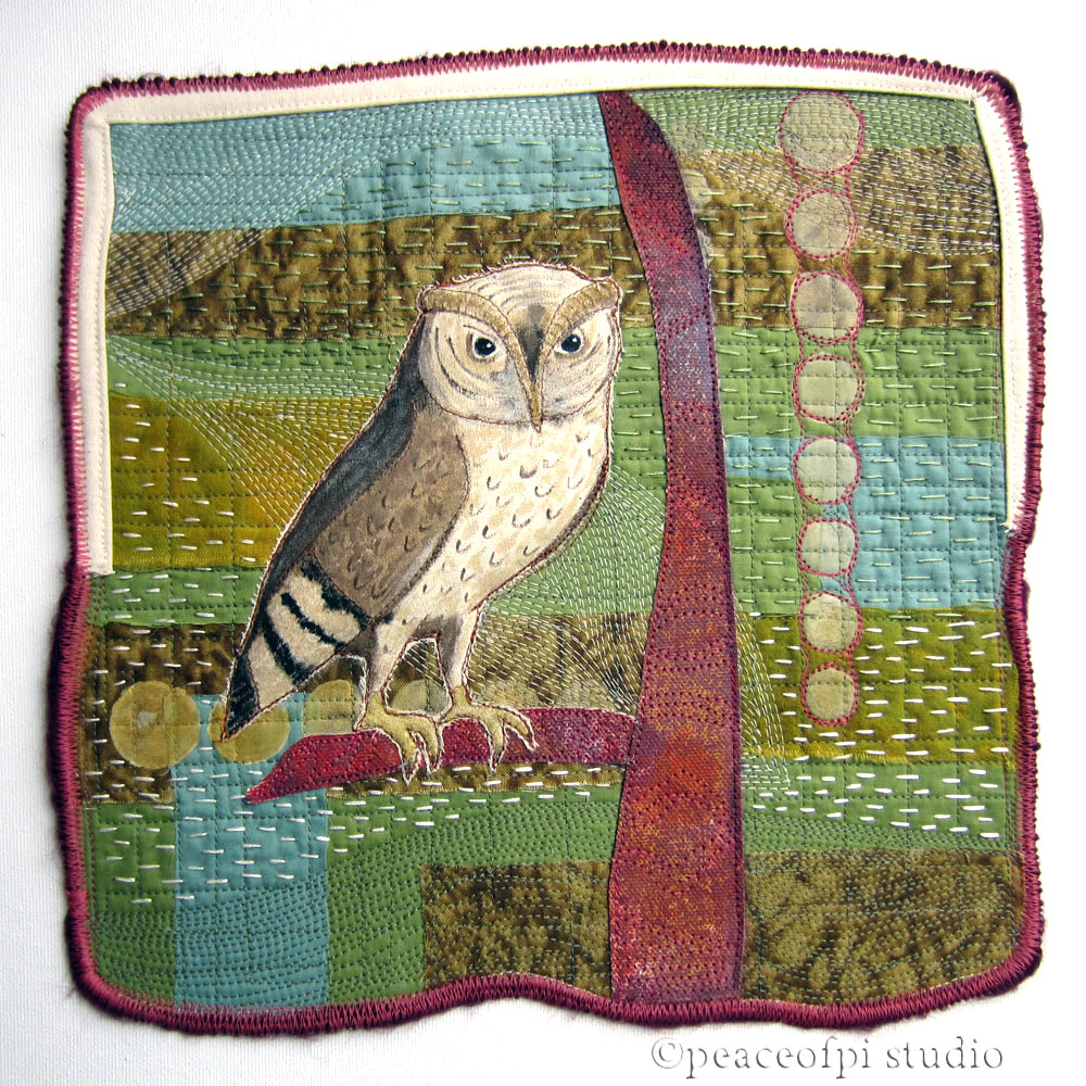 peaceofpi studio Owl Bird Art Quilt in Paint and Stitch