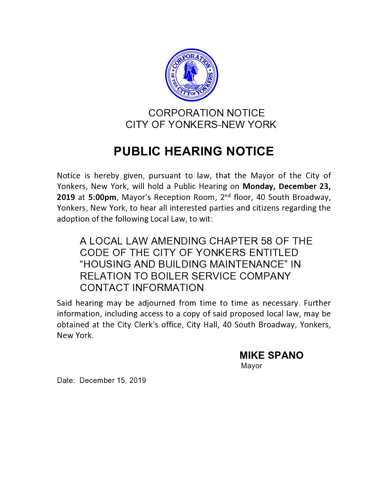 Public Hearing Notice for Mayor's Local Law.