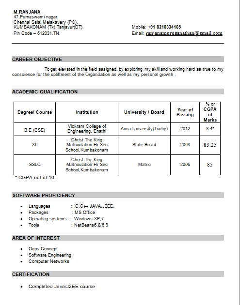 freshers resume for software engineers