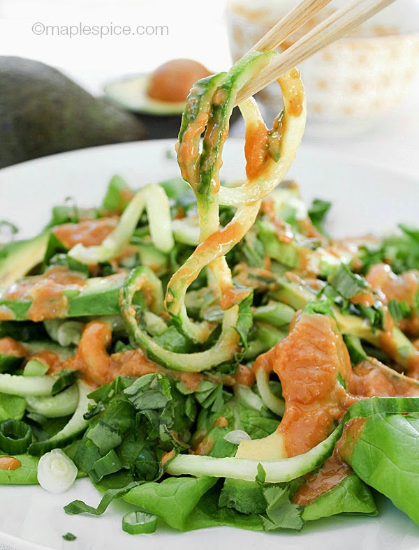 maple•spice Cucumber Noodle Salad with Avocado and a Spicy Cashew