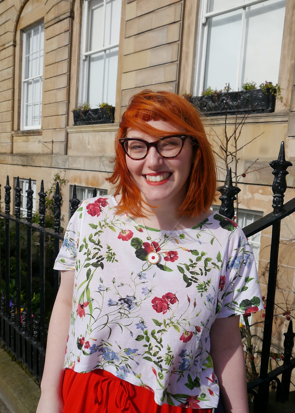 What Helen Wore, Scottish Blogger, Red Head, Glasgow, Hillary's Crafternoon, Sugar & Vice, cherry bakewell necklace, comfy style, bright colours, floral tee, Zara flower print tshirt, H&M red jersey dress, Zara brown boots, SewLomax day time sites bag
